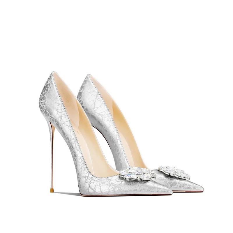 

Silver 2025 Autumn Rhinestone Flower Pointed Toe Stiletto Heels for Women Elegant Shoes