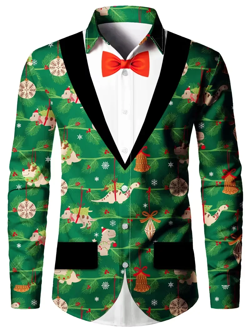 Camicia natalizia da uomo con stampa albero di Natale a maniche lunghe, verde vacanza e decorazioni, colletto abbottonato, camicia natalizia casual e formale regolare