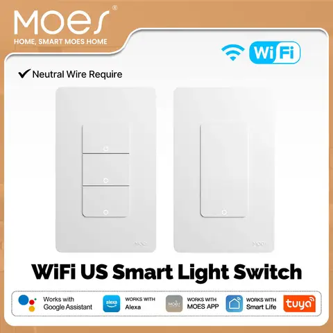MOES Tuya Wi-Fi Smart Light Switch US Single Pole Push Button Wall Switch Work With Alexa Google Home Neutral Wire Required