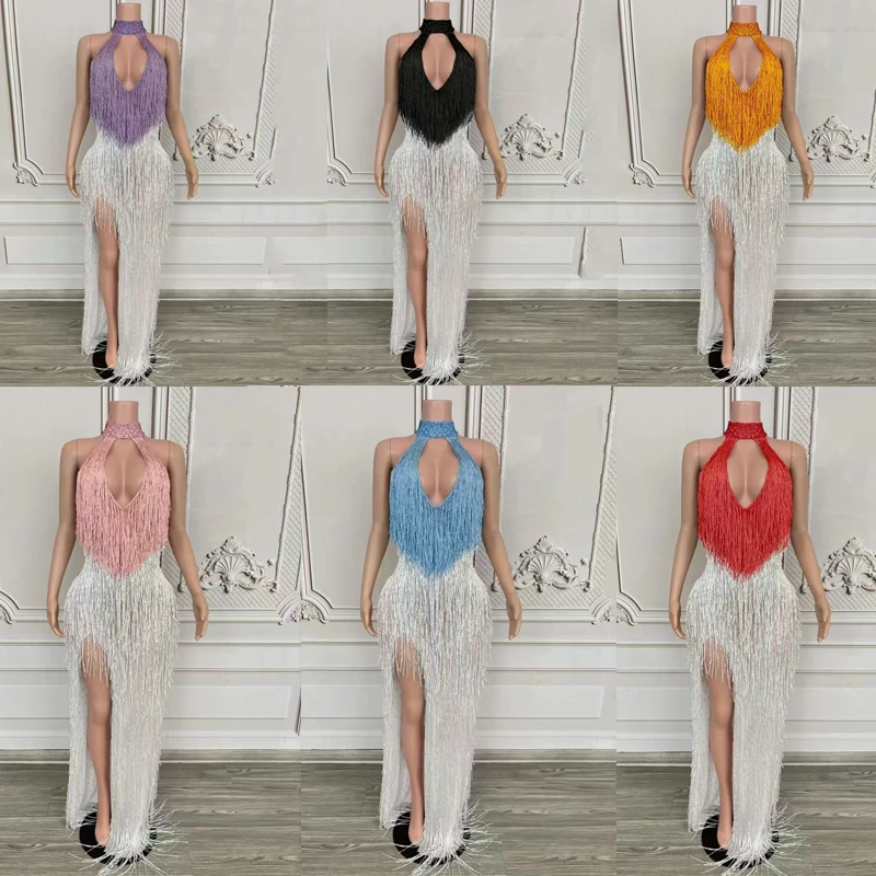 6 カラーブロックフリンジパーティードレス女性祝うフェスティバル衣装ナイトクラブバーイブニングドレスステージキャットウォーク衣装 XS10143
