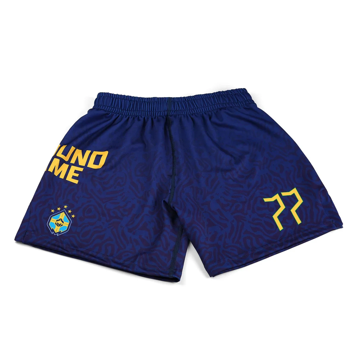 

Bruno 77 Inspired Men's Shorts, Navy Blue with Subtle Camo Pattern, Yellow Number & Logo, Breathable Athletic Wear