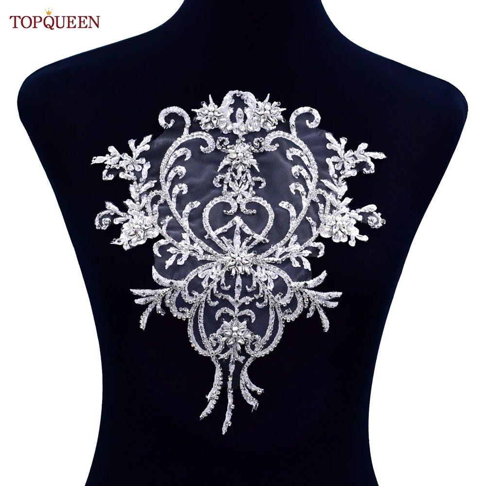 TOPQUEEN-Prata Malha Lantejoula Applique, strass frisada Lace Patch, Vestido de Noite, Traje Acessórios, Artesanato DIY Costura, SP57