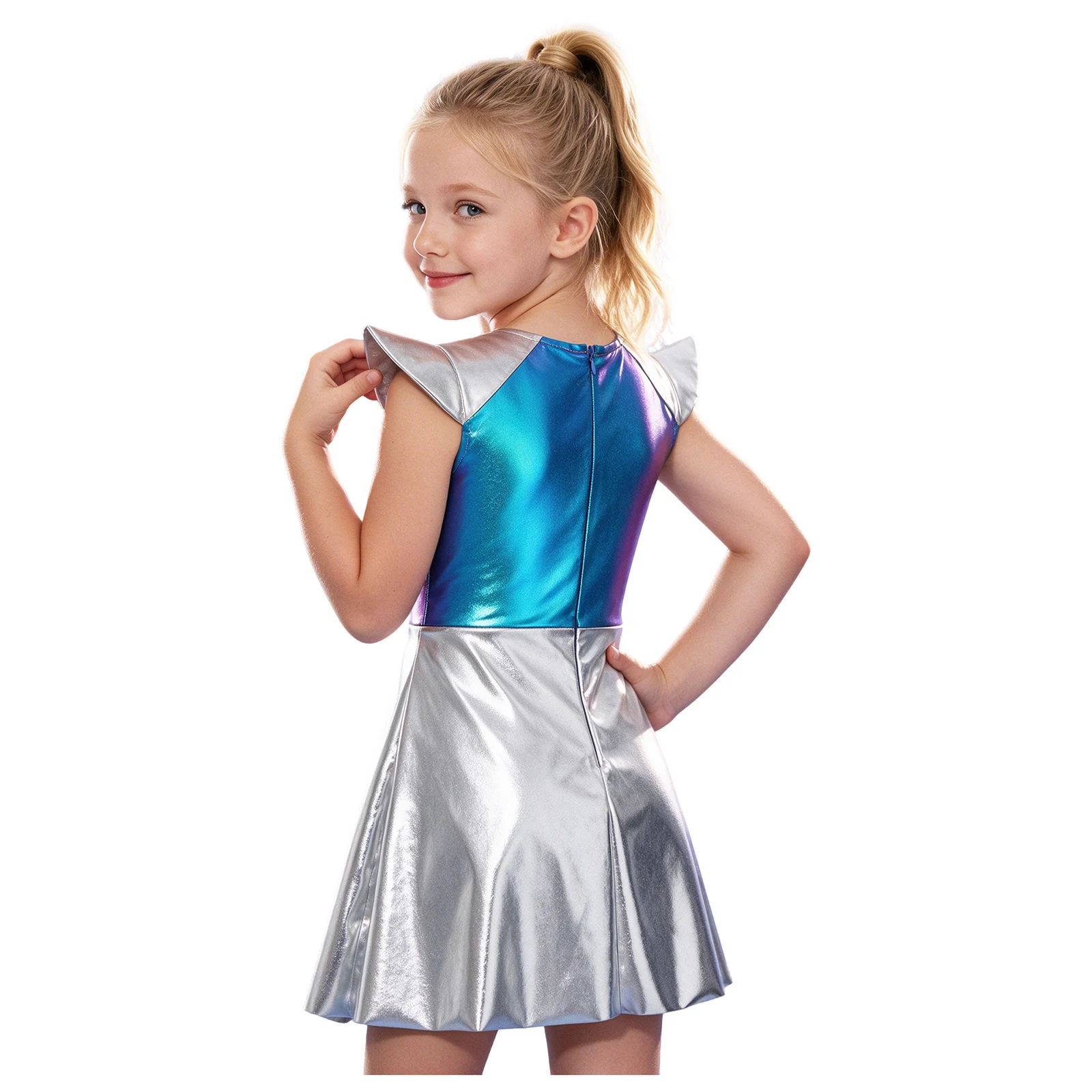 Kids Girls Alien Costume Halloween Shiny Outerspace Astronaut Dress Up Cap Sleeve Metallic Skirted Bodysuit Ballet Tutu Unitard