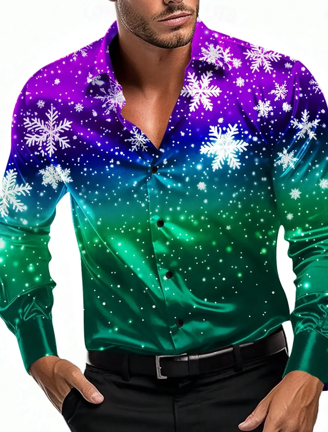 Christmas Men's Long-sleeved Shirt with Christmas Theme Degenerate Snowflake Graphic with Buttoned Flap Lapel Top Exquisite Fash