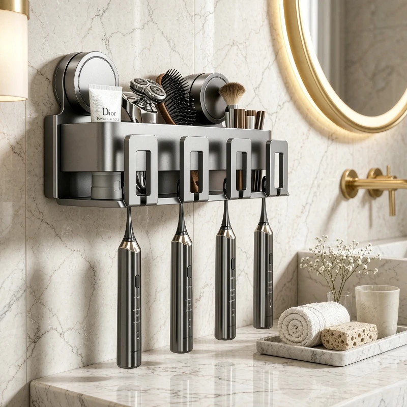 Suction Toothbrush Holder Set for Four, No Drill Wall Rack for Toothpaste and Rinse Cups, Made of Thick Water Resistant Material