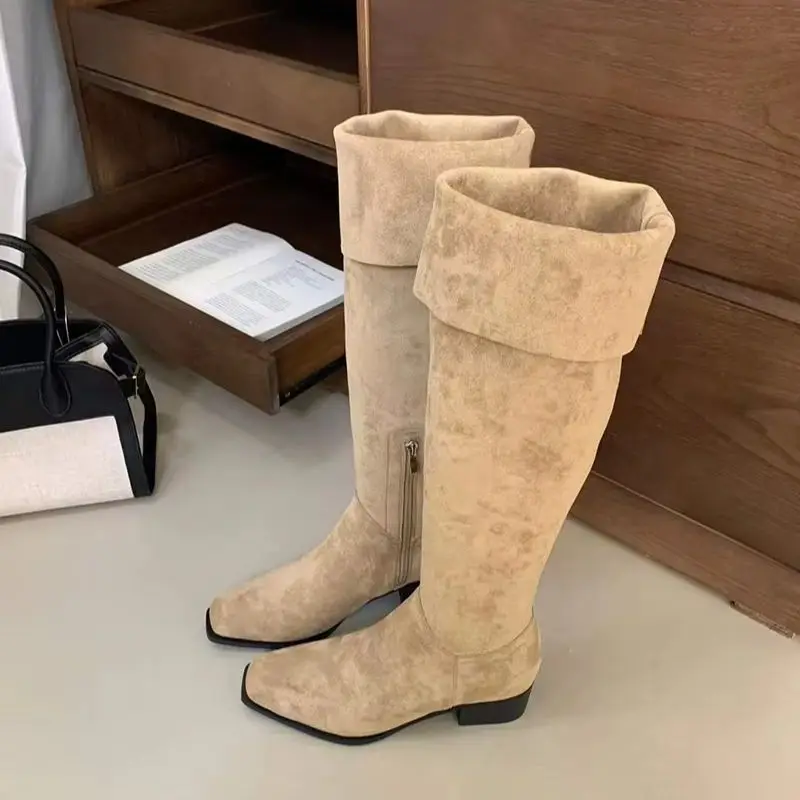 Black Thigh High Boots Low Heels Autumn Winter Brown Shoes Comfort Long Boots For Woman Two Ways to Wear It Ladies Shoes view 6