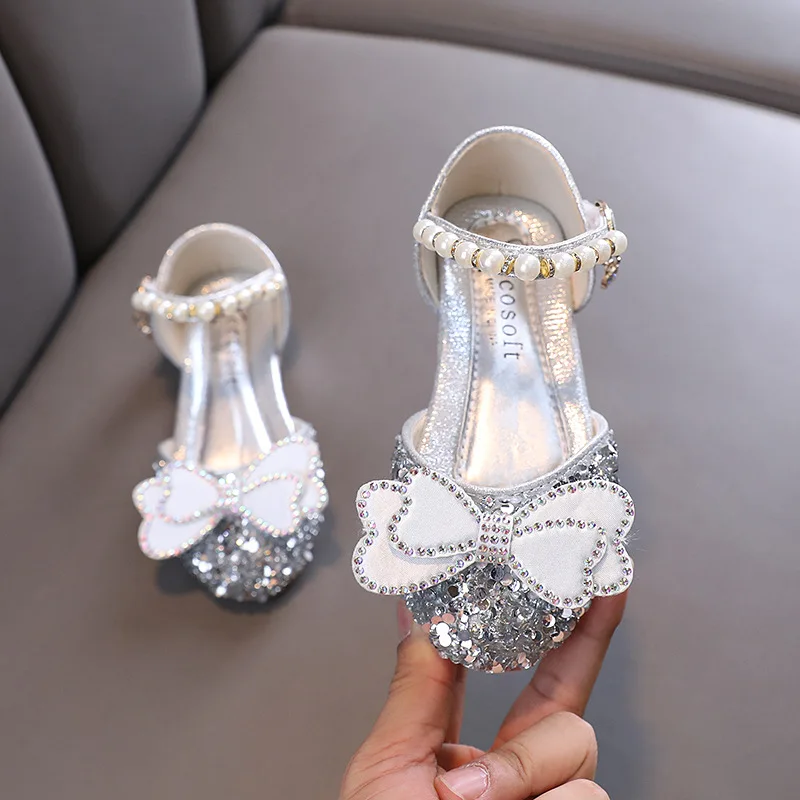 Zapatos de princesa para niña, sandalias de cuero con lazo y diamantes de imitación, a la moda, para baile, novedad de otoño, 2024