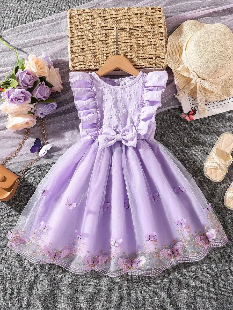 

Lavender Butterfly Embroidered Tulle A-Line Evening Dress With Cap Sleeve And Bow