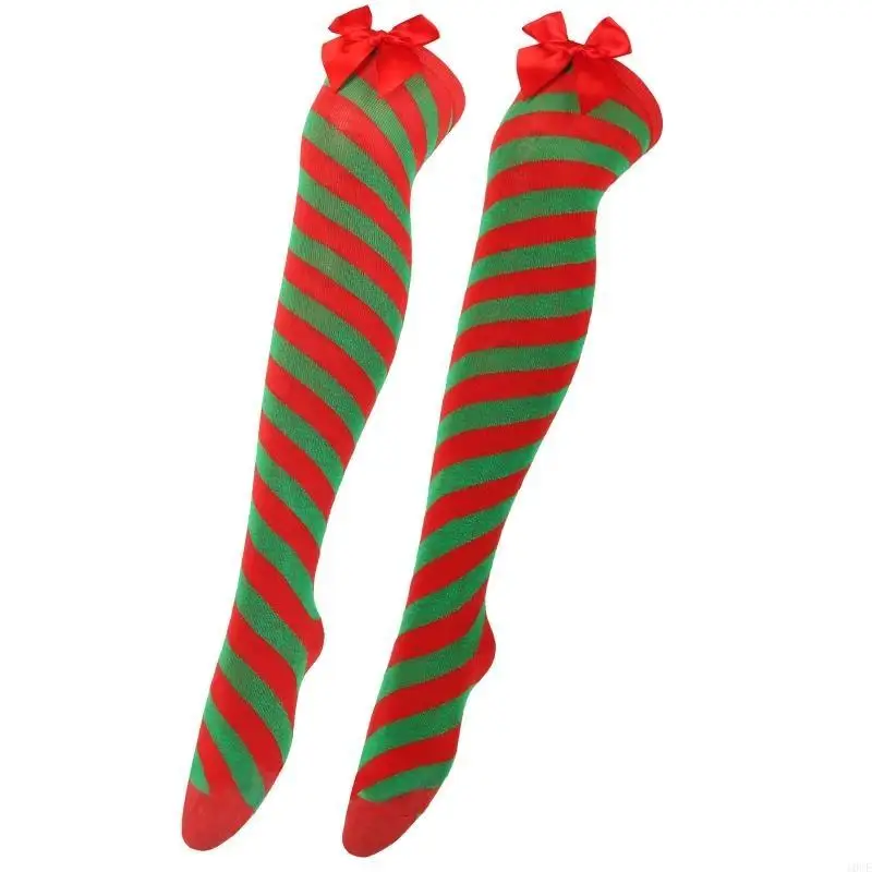 Christmas Plush Top Cuffs Thigh High Socks Cosplay Party Multicolored Striped Print Over Knee Long Stockings for Womens 