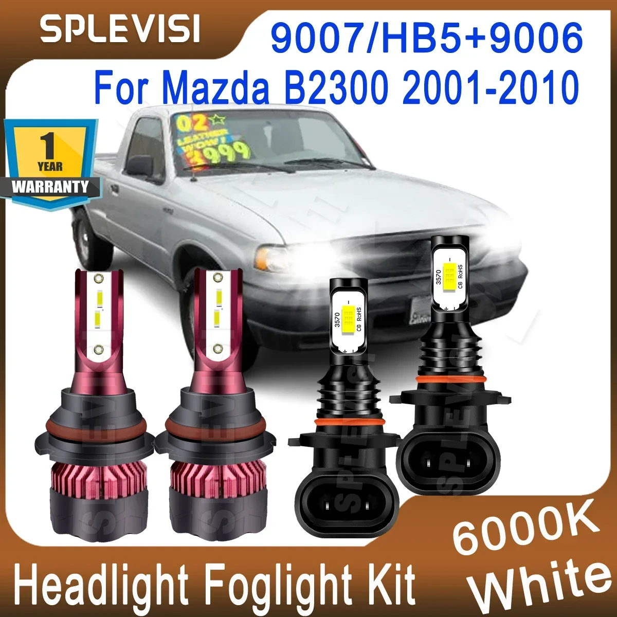 

led headlight Hi Low Beam 9007/HB5+Foglamp 9006/HB4 Pure White For Mazda B2300 2001 2002 2003 2004 2005 2006 2007 2008 2009 2010