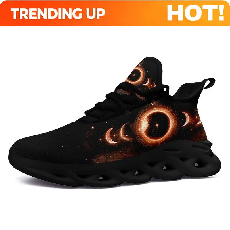 Custom Mystical Sneakers With Solar Eclipse And Moon Phase Cosmic Pattern, Astrology-Inspired Casual Sneakers For Walking, Runni