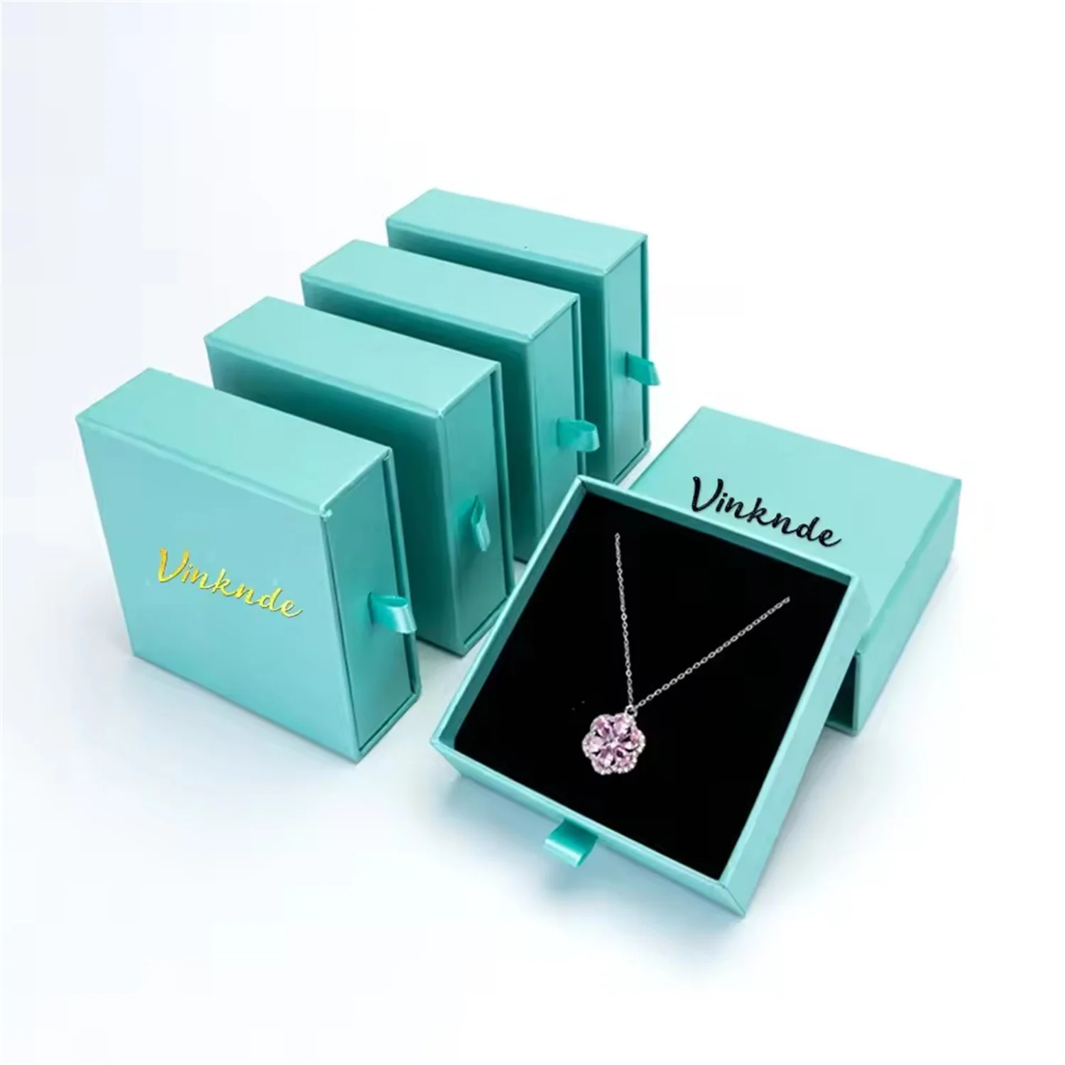 

50Pcs Custom Logo Blue Black White Pull-Out Drawer Jewelry Boxes Thick Paper Sliding Jewellery Storage for Necklaces Earrings