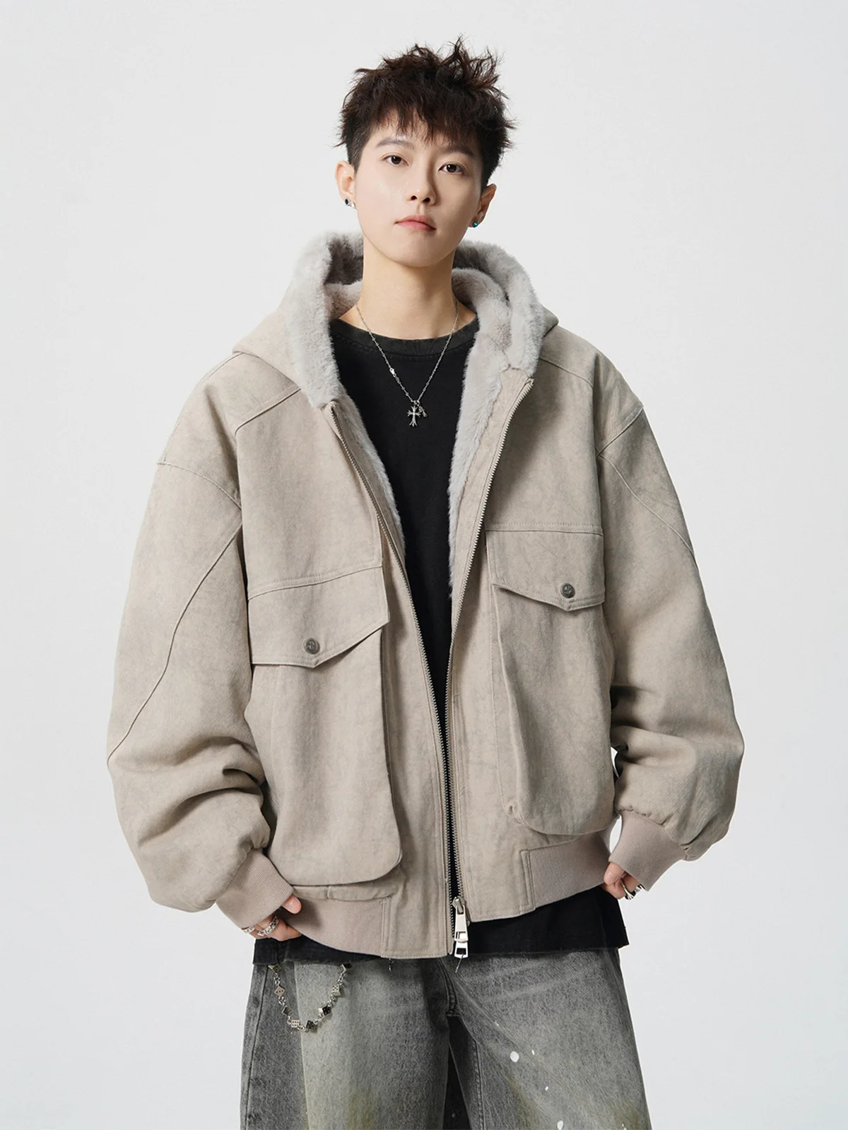 

Американская зимняя модная брендовая теплая универсальная хлопковая куртка с капюшоном и подкладкой из флиса, имитирующая мраморный узор