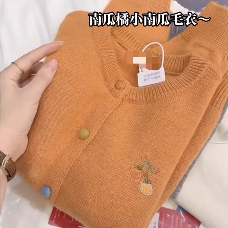 

Beautiful Pumpkin Orange Round Neck Embroidered Knitted Cardigan Women Autumn Winter Raccoon Velvet Sweater Jacket