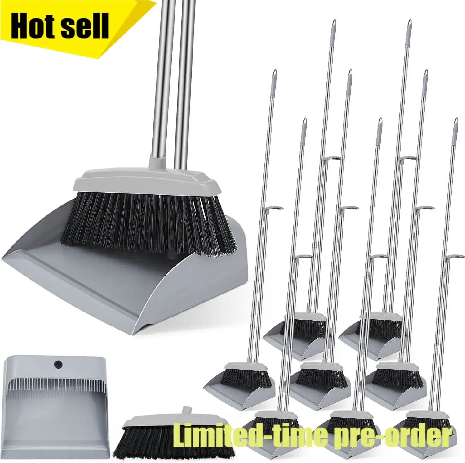 

53 Inch Long Handle Broom Dustpan Combo 8 Set 16 Pcs Upright Stand For Home Office Kitchen Lobby Floor Cleaning