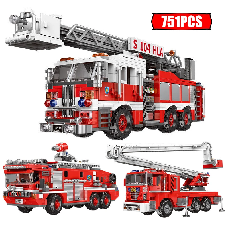 City Technical Ladder Firetruck Fire Truck Building Blocks Police Set Bricks Moc Water Tank Firemen Car Bricks Toys For Kids