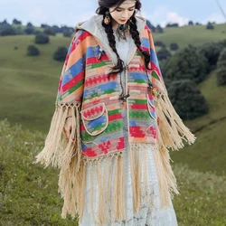 TEELYNN Vintage Boho Ethnic Fringe Hooded Cardigan Women Jacket Coat Autumn Winter Warm Shawl Poncho Wool Loose Cape Outwear