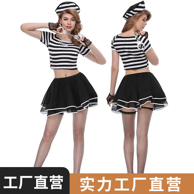 Halloween Costume Cosplay Costume Female Prisoner Cute Fluffy Short Skirt Leaking Belly Button Mini Short 2024 Five pieces