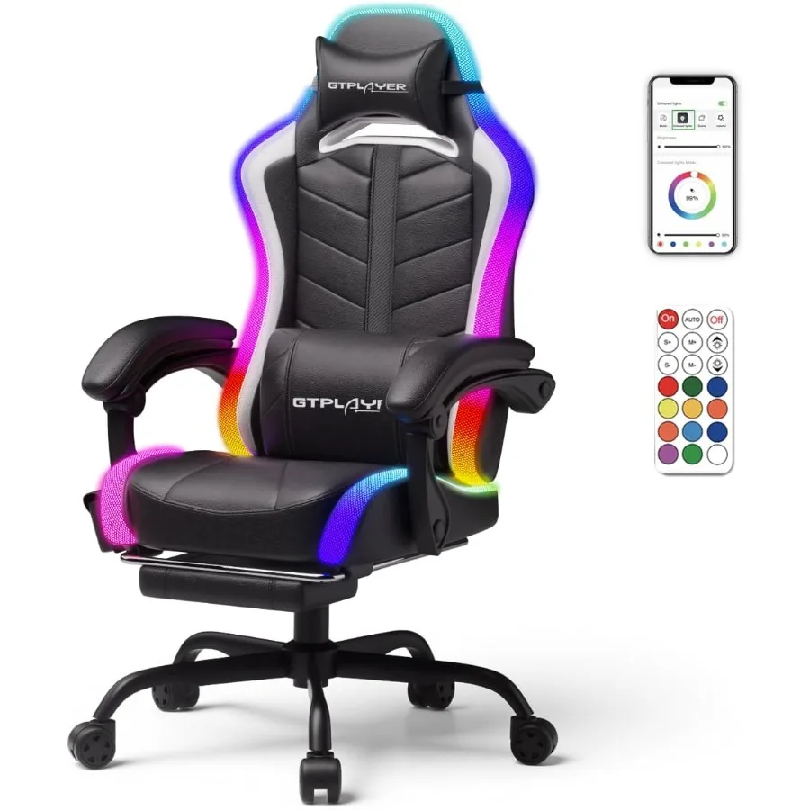 Gaming Chair for Adults, High Back Ergonomic Computer Chair with RGB LED Lights, Black Mesh Fabric, Footrest, Linkage Armrests,