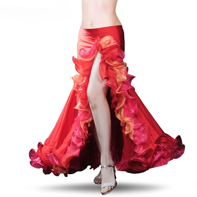 Aangepaste buikdanskostuum drie kleuren lotusblad gekrulde rok split opgerolde rand lotusblad rok