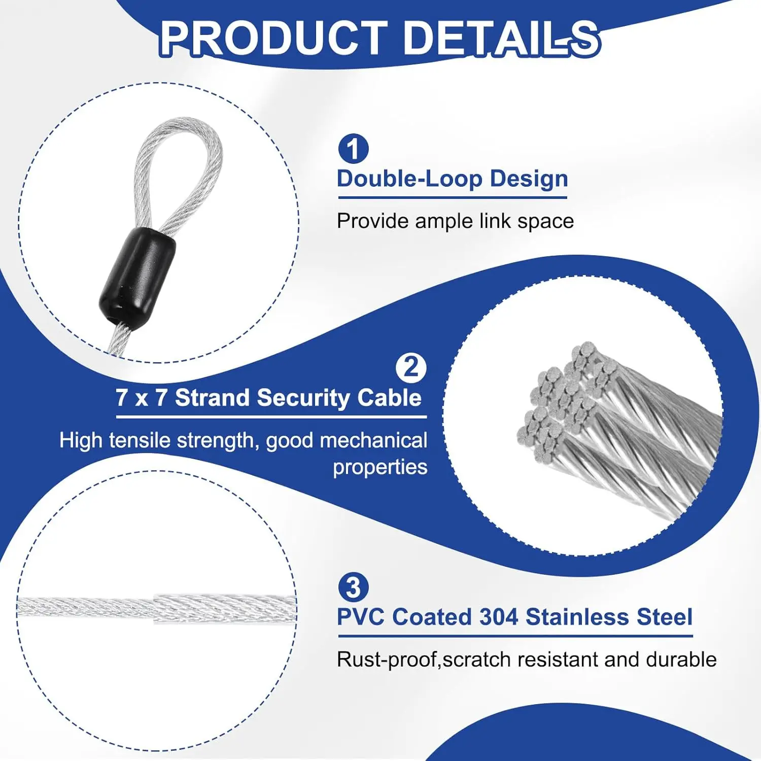 Security Cable with Hooks and Loops [2Pcs] - 1.5m Stainless Steel Luggage Lock Safety Cable Use for Bikes Toolbox Tent Wire Rope image 3