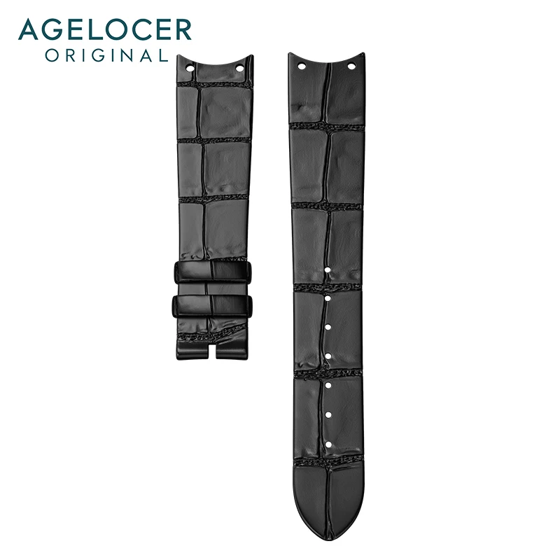 AGELOCER Original Brand Strap Width 18mm Black Blue Leather Strap 316L Stainless Steel Buckle