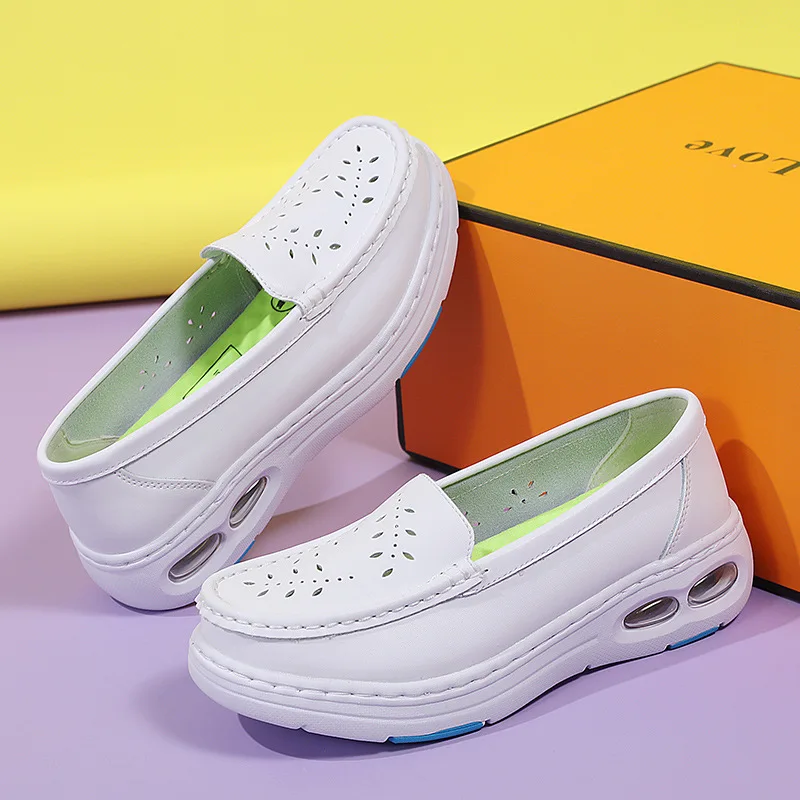 Big size 2024 new hot sell high quality real cow leather soft and comfortable white color lady shoes for nurse and doctor