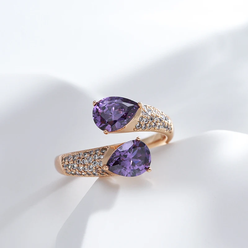 Kinel Hot Luxury Purple Natural Zircon Ring For Women 585 Rose Gold Color Open Ring Vintage Wedding Daily Fine Jewelry