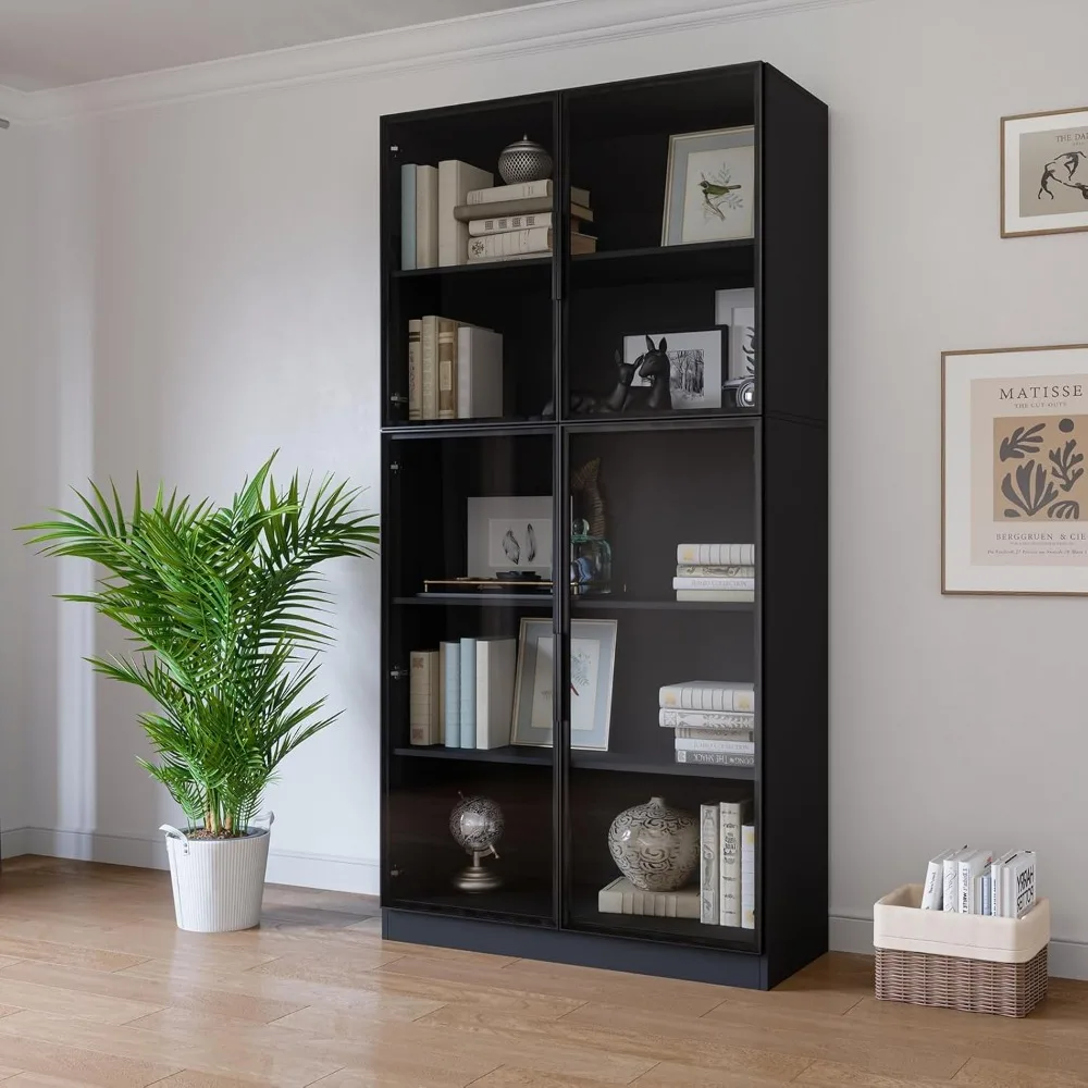 "خزانة عرض كبيرة بباب زجاجي مقاس 78.7 بوصة مع مساحة تخزين من 5 طبقات وأضواء LED ورف كتب أسود طويل القامة مع مساحة تخزين"