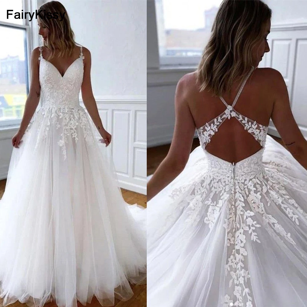 

FairyKissy Charming Bohemian Wedding Dresses Sexy A Line Spaghetti Strap Backless Bridal Gown Vestido De Noiva