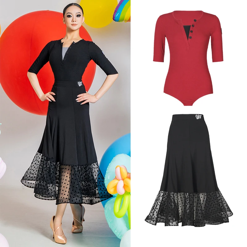 

Одежда для бальных танцев 2025 года, женское платье для вальса, одежда для латинских танцев для взрослых, черная юбка в горошек, платье для соревнований DNV22644
