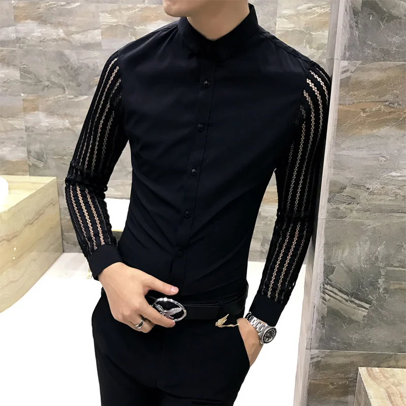 Spring Autumn New Men Lace Perspective Shirt Party prom Hollow Long Sleeve Tuxedo Trend Slim Nightclub Casual Social