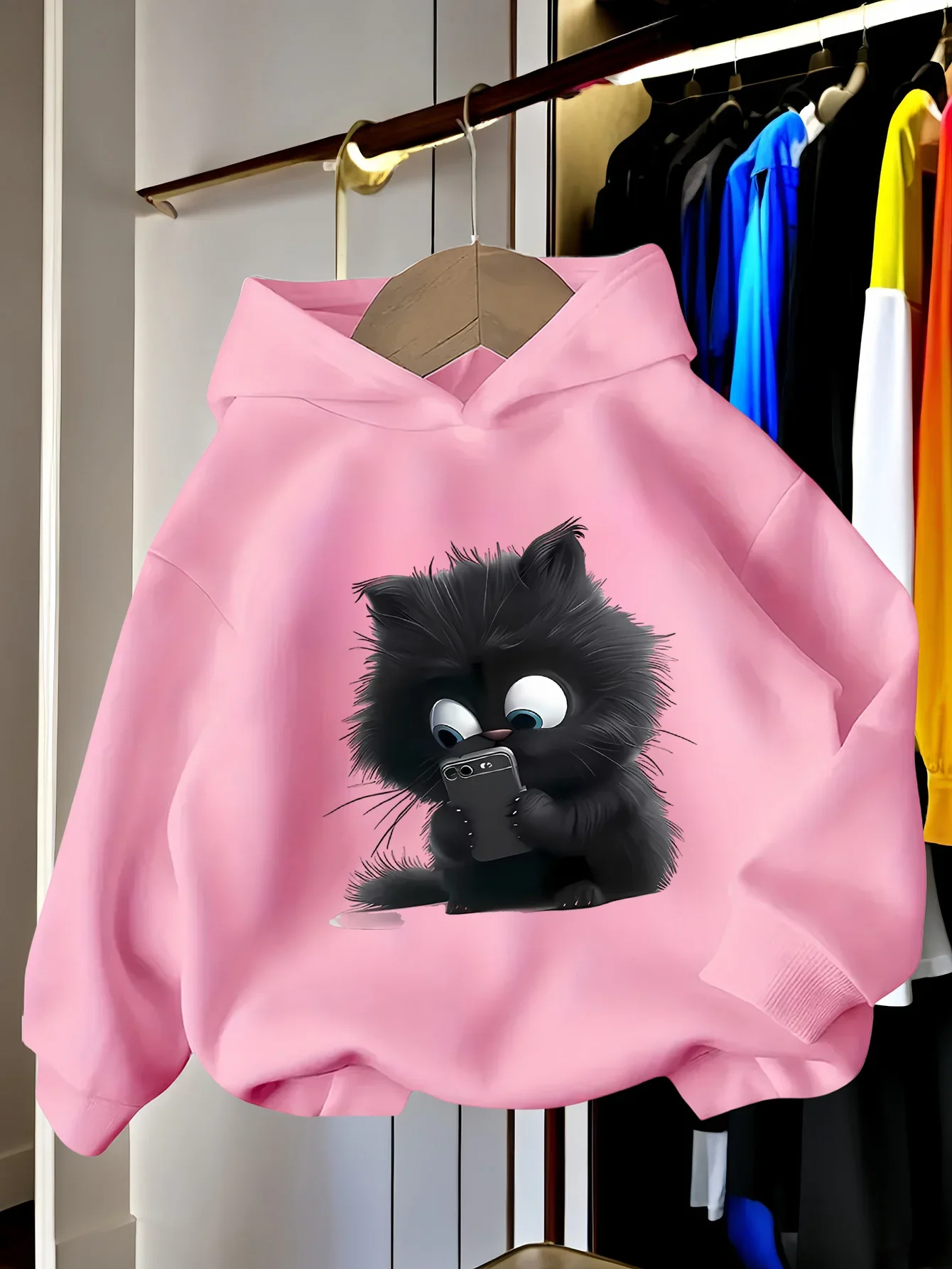 Funny Black Cat Playing Phone Graphic Hoodies for Teen Girls Printed Sweatshirt  Cat Lover Birthday Present School Hooded Tops