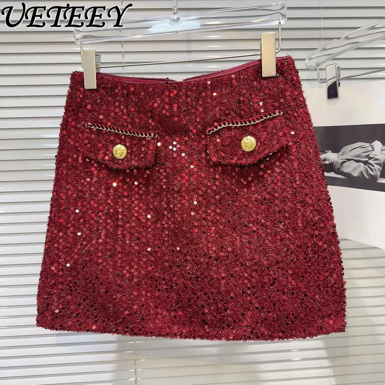 2024 Autumn and Winter New Temperament Celebrity Metal Buckle Pocket Beads Tweed Short Skirts High Waist A Word Mini Skirt Women