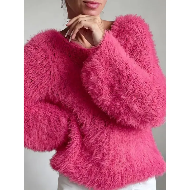 Women Soft Fluffy Fuzzy Knit Sweaters Round Neck Solid Long Sleeve Plush Pullovers Casual Fall Winter Warm Daily Streetwear Tops