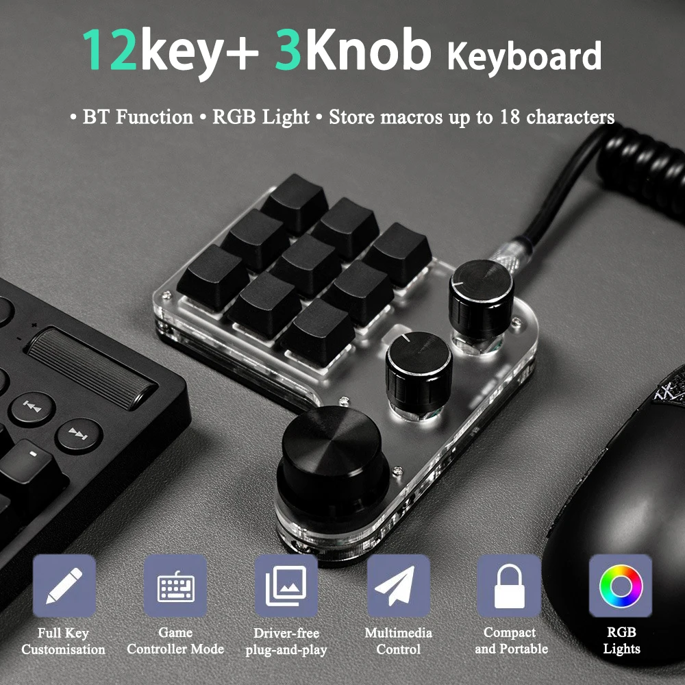 

Мини-программирование Bluetooth, макро-клавиатура на заказ, 3 ручки, RGB, 12 клавиш, копия, вставить, игровая клавиатура Photoshop, механическая горячая замена Macropad