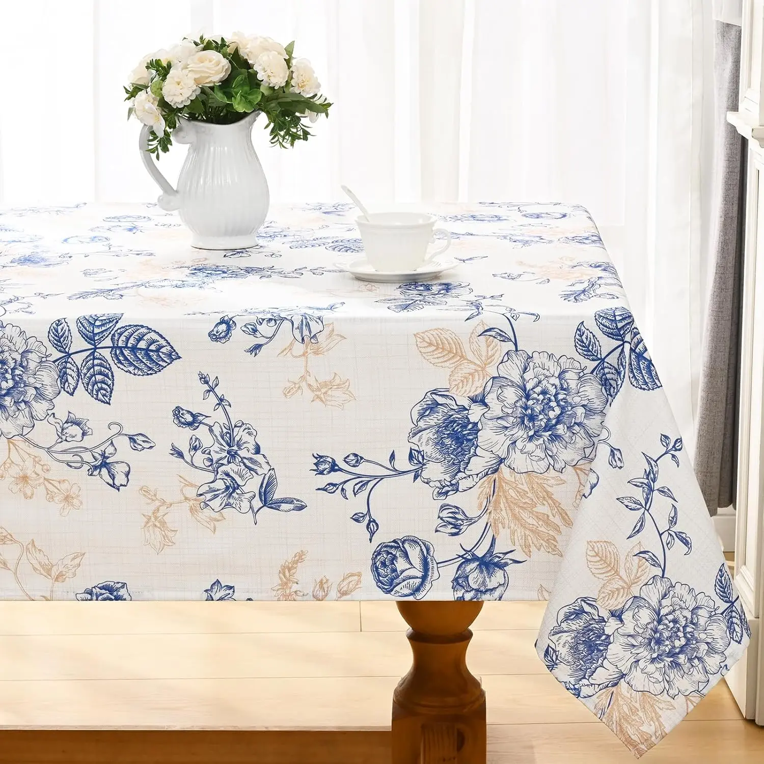 Vintage Blue Floral Rectangle Waterproof Tablecloth Party Decor Reusable Farmhouse Kitchen Dining Tablecloth Wedding Decorations