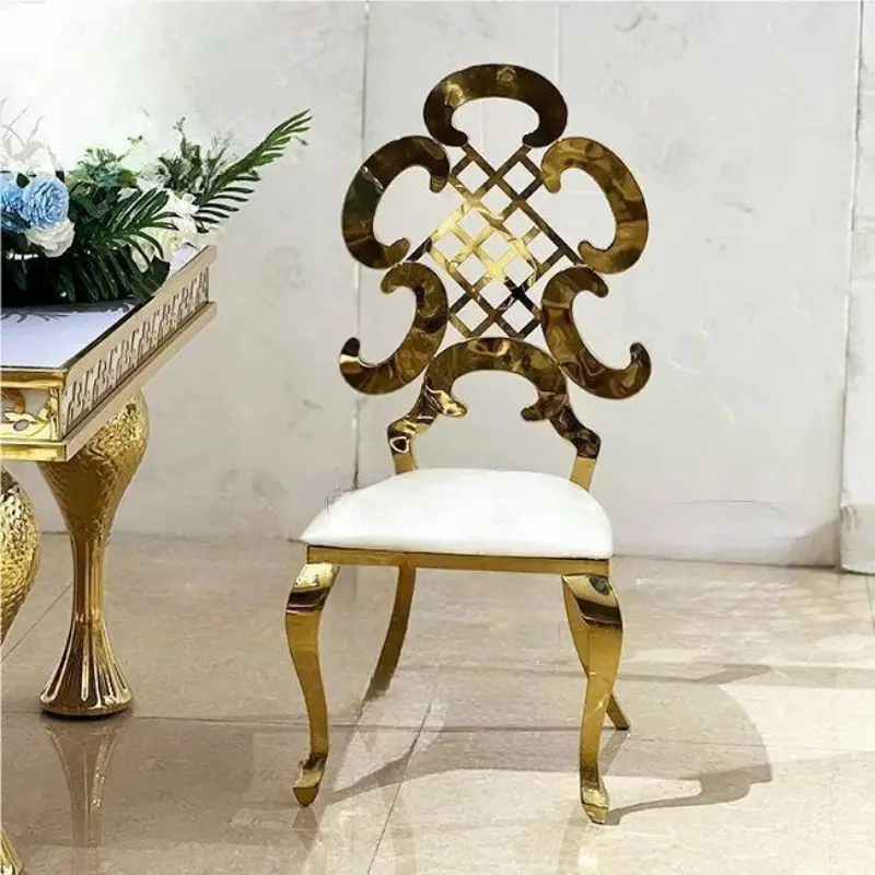 Highend Wedding Banquet Chair, Rose Gold Stainless Steel Frame, Flower Cross Backrest Design, Pink Cushion
