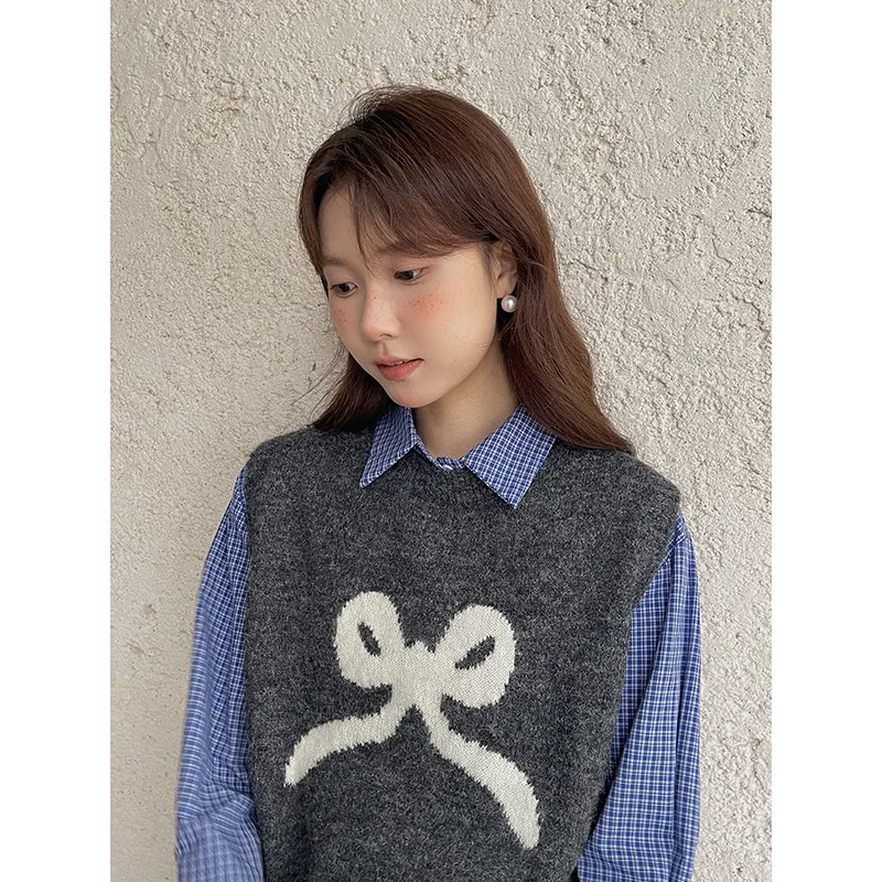 Korean Cute Bow Women Jacquard Knitted Vest Winter Sleeveless O-neck Sweater Autumn