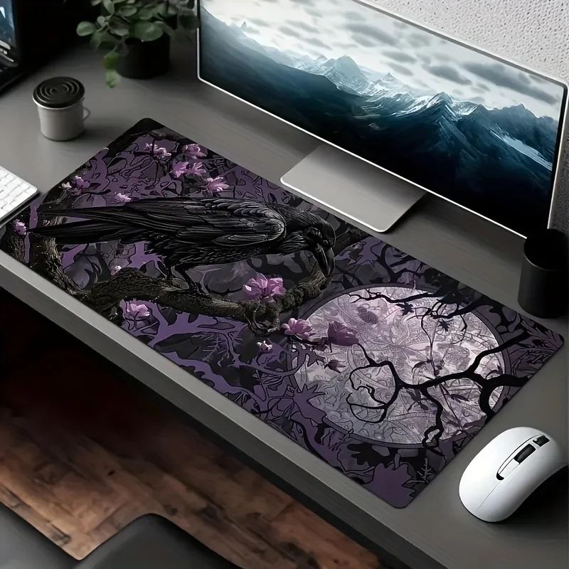 Gothic Raven And Moonlight Mouse Pad - Purple Floral And Black Branch Design, Polyester Fiber, Suitable for Office And Gaming, Mystical Desk Accessory, Perfect