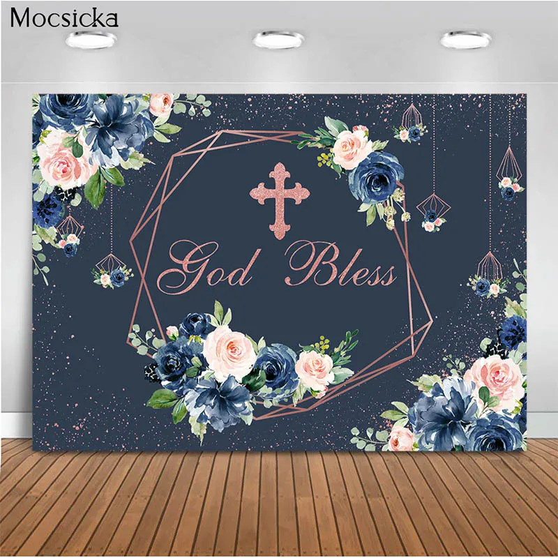 Mocsicka God Bless Photography Backdrops Cross Flowers Decoration Communion Baptism Child Portrait Photo Background Studio Booth