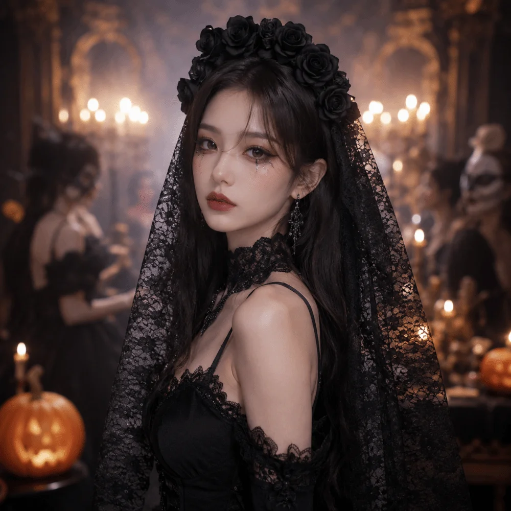 Gothic Ghost Bride Headband Simulation Rose Lace Mesh Skull Mesh Veil Hairband Skull Pattern Halloween Rose Headband