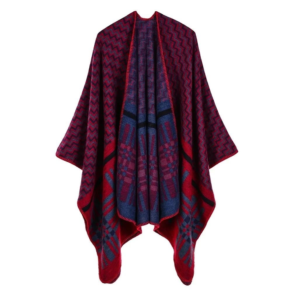 

European American Street Women's Cross Wavy Geometric Shape Classic Cashmere Shawl Enlarged Thickened Cloak Ponchos Red