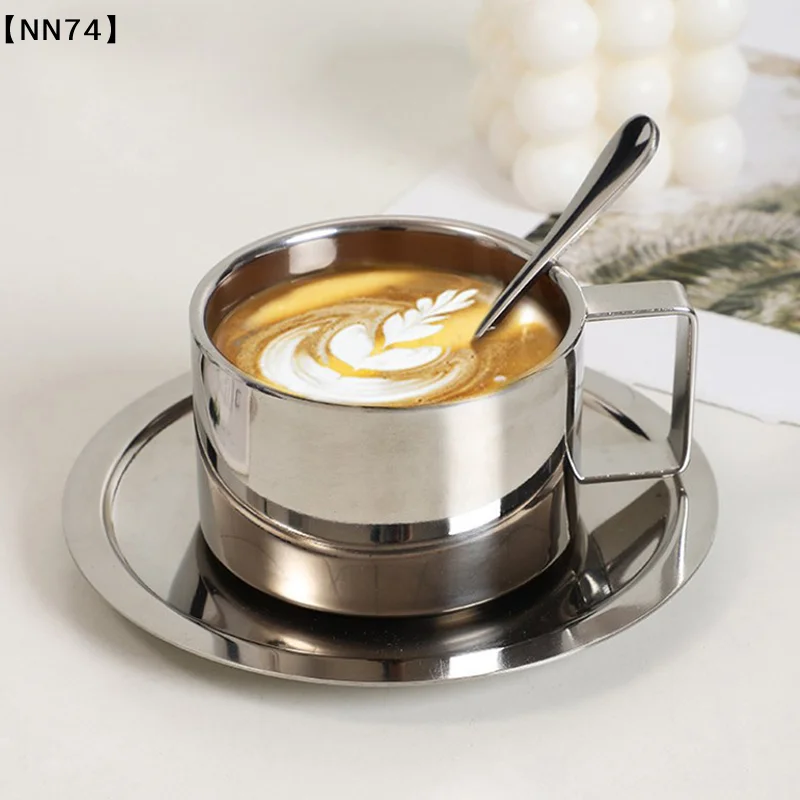 3pcs Stainless Steel Coffee CupDouble Walled Heat Resistant Mug With Saucer Spoon Drink Tableware Kitchen Cafe Accessories[J]