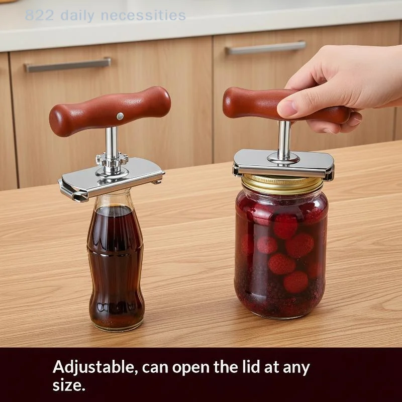 Jar Lid Opener Adjustable Non Slip Wooden Handle Stainless Steel Base Labor Saving Tool for Home Kitchen Weak Grip Users