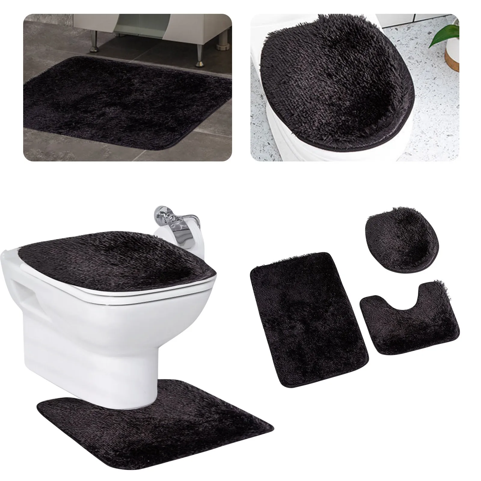 Bathroom Carpet Toilet Cushion Cover Microfiber Absorbent Non-Slip Mat Three-piece Set=U-shaped 40*50+cover 45*50+door Mat 50*80