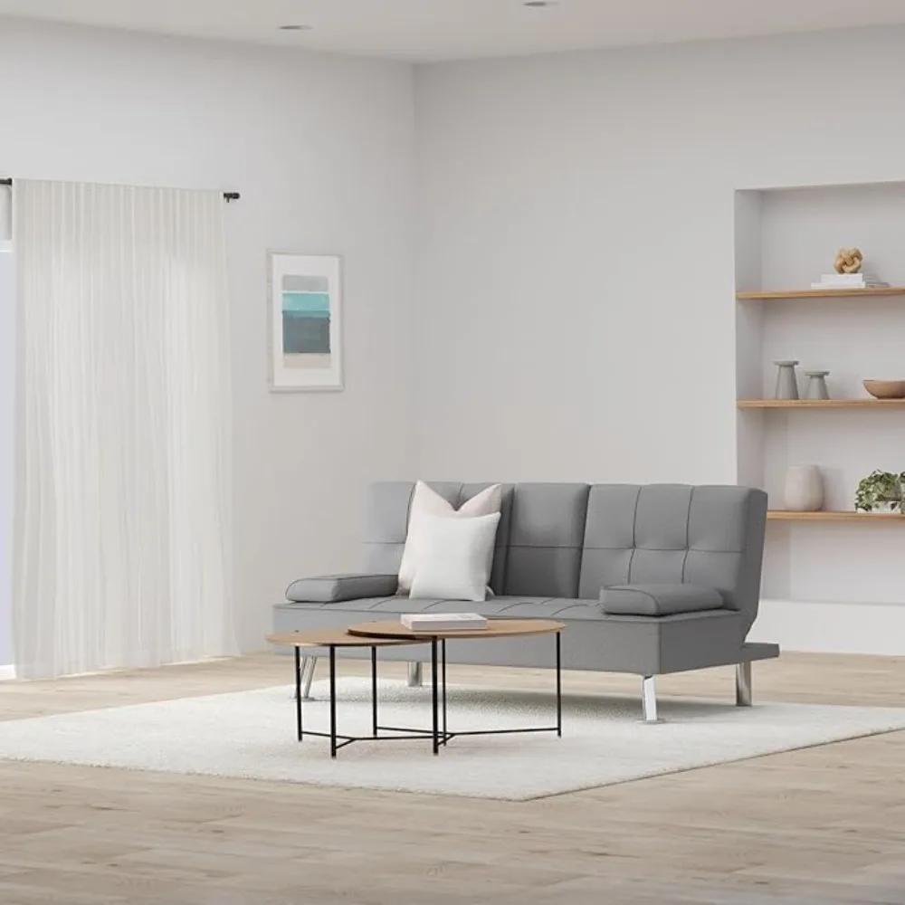 Futon dobrável moderno de linho, sofá-cama reclinável para apartamento, dormitório com braços removíveis, 2 porta-copos