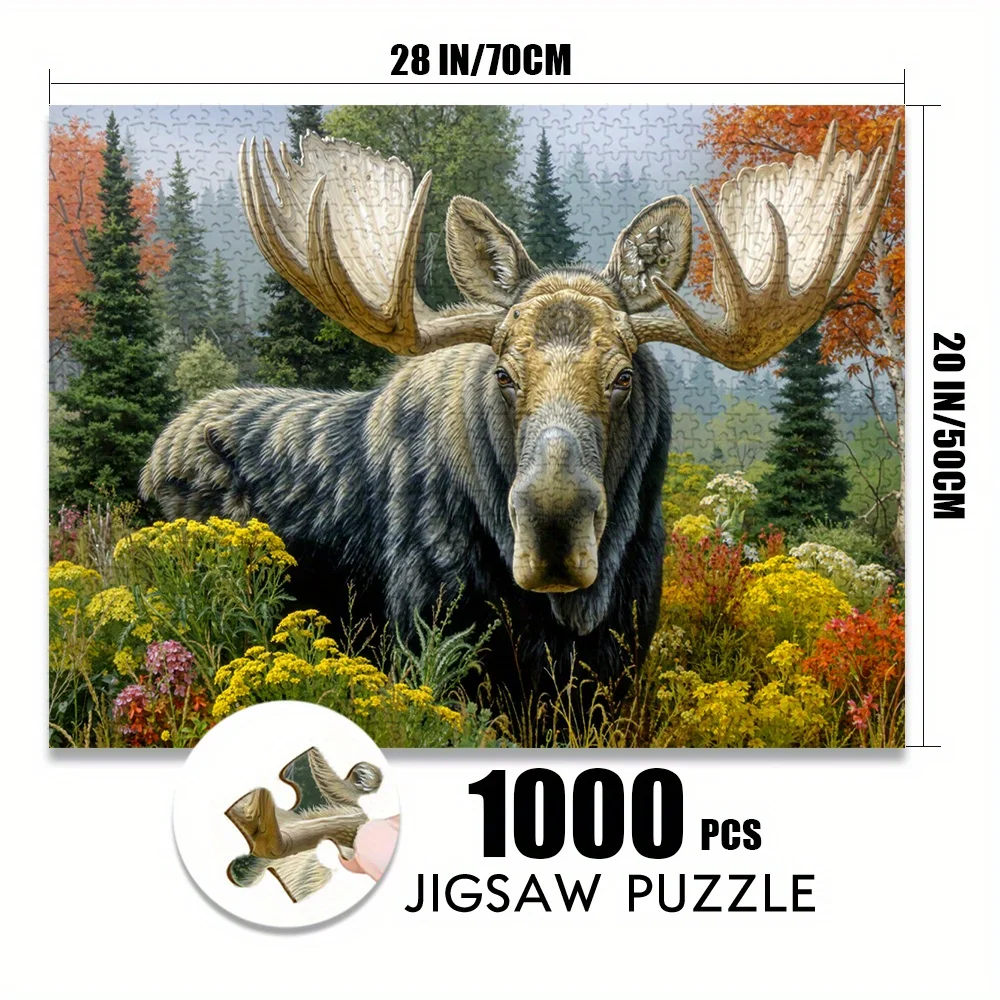 1000피스 성인용 직소 퍼즐, 27.56x19.69인치 대형 사이즈, 무스와 꽃밭이 있는 자연 숲. 종이 조각 그림 맞추기 퍼즐