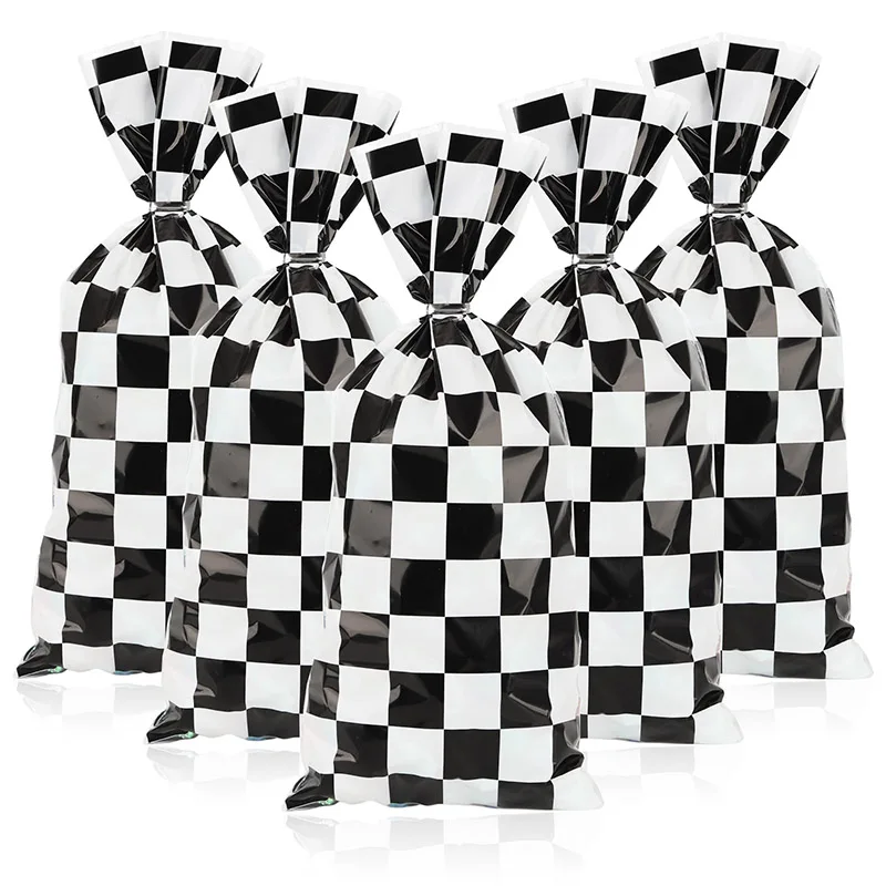 

25/50pcs Race Car Party Gift Bags Black and White Checkered Candy Bags Racing Theme Cellophane Bags with Twist Ties