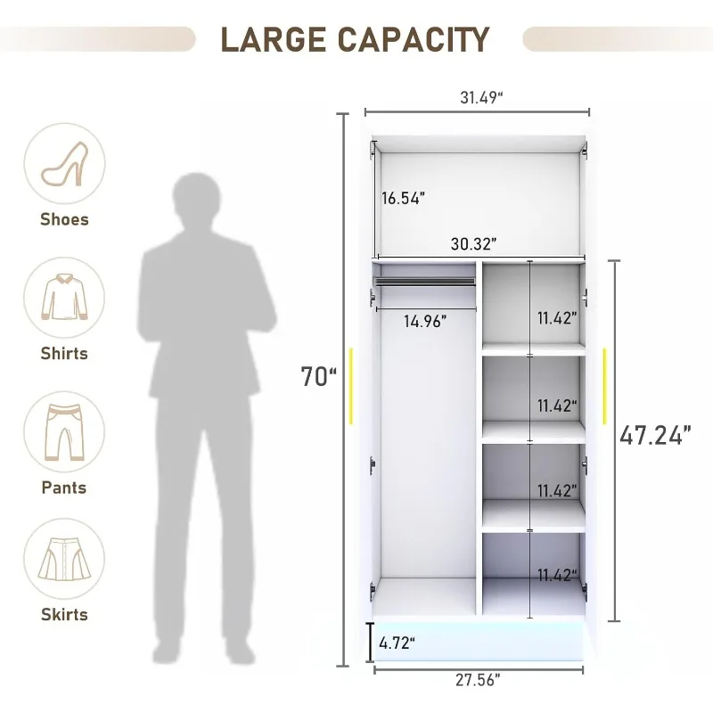 70in LED 2 Doors Armoires Wardrobe Closet&Cabinet with Hanging Rod,Bedroom Armoires with RGB LED 6000-color Lights,